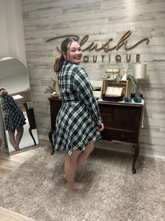 Forest Green Plaid Shirt Dress