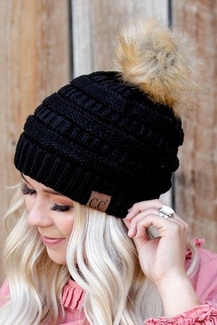 Trending Faux Fur Pom Beanie w/ Tan Pom