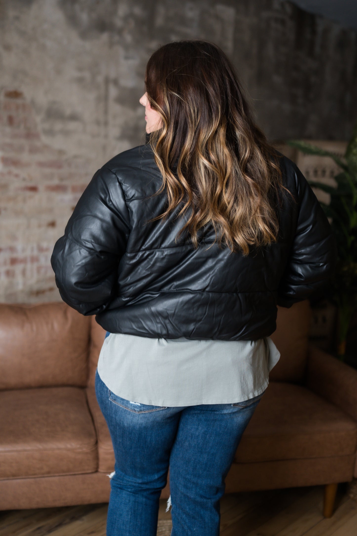 Plus Size Leather Quilted Puffer Jacket