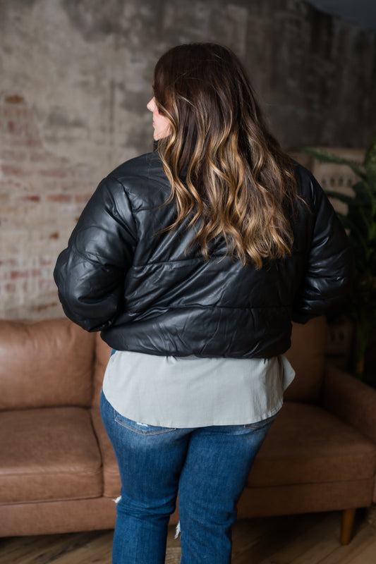 Plus Size Leather Quilted Puffer Jacket