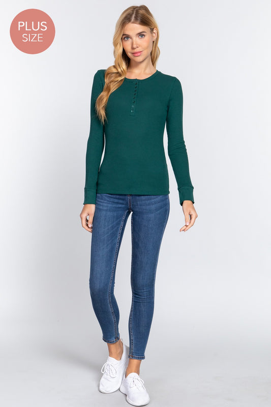 PLUS-SIZE LONG SLEEVE HENLEY THERMAL KNIT TOP