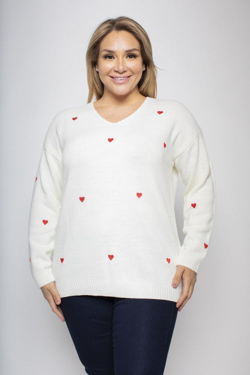 PLUS SIZE V-NECK HEART EMBROIDERED KNIT SWEATER