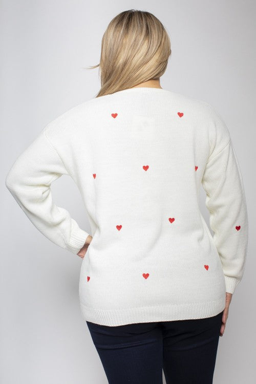 PLUS SIZE V-NECK HEART EMBROIDERED KNIT SWEATER