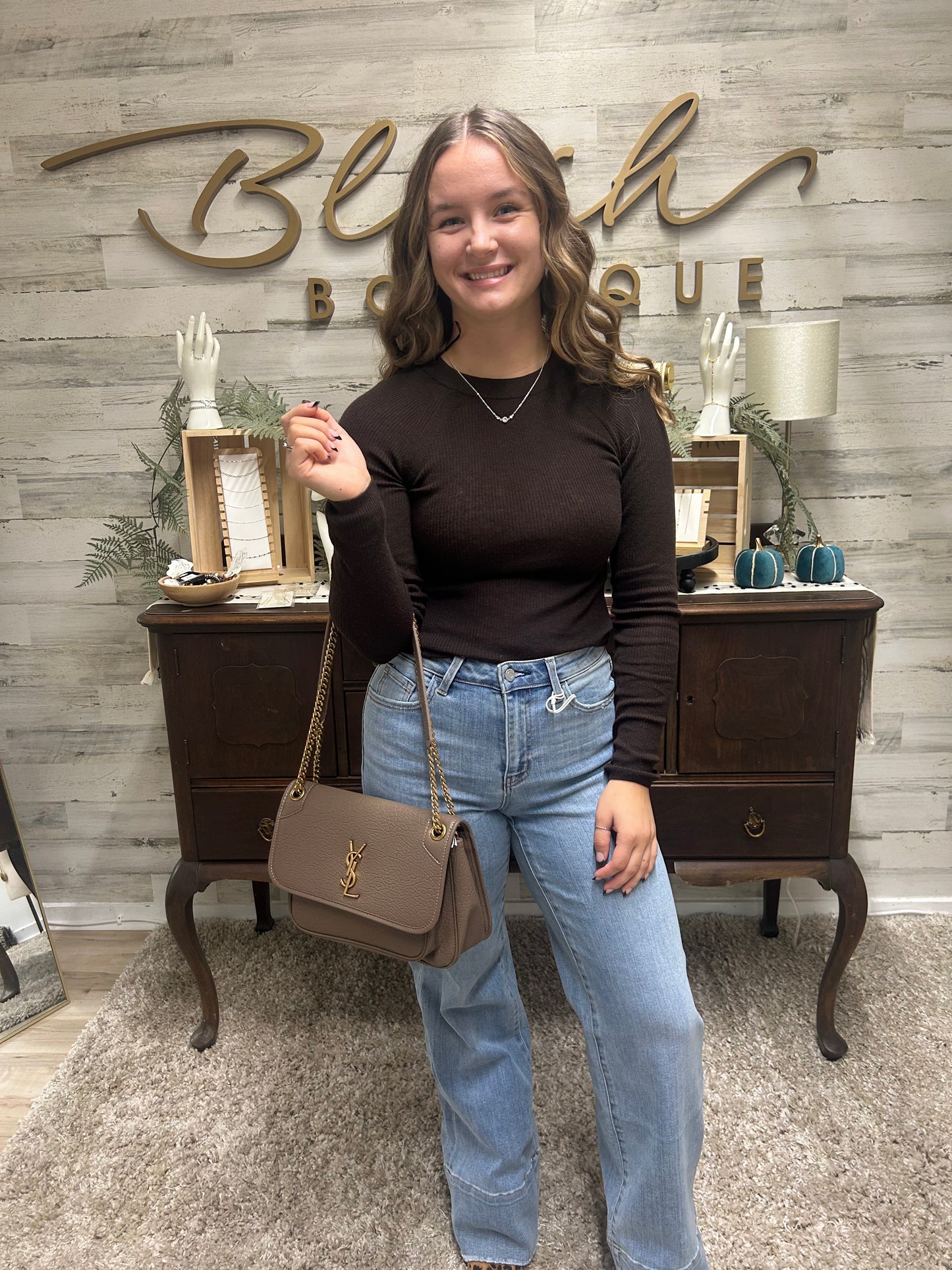 Taupe Gold-Chain Shoulder Bag