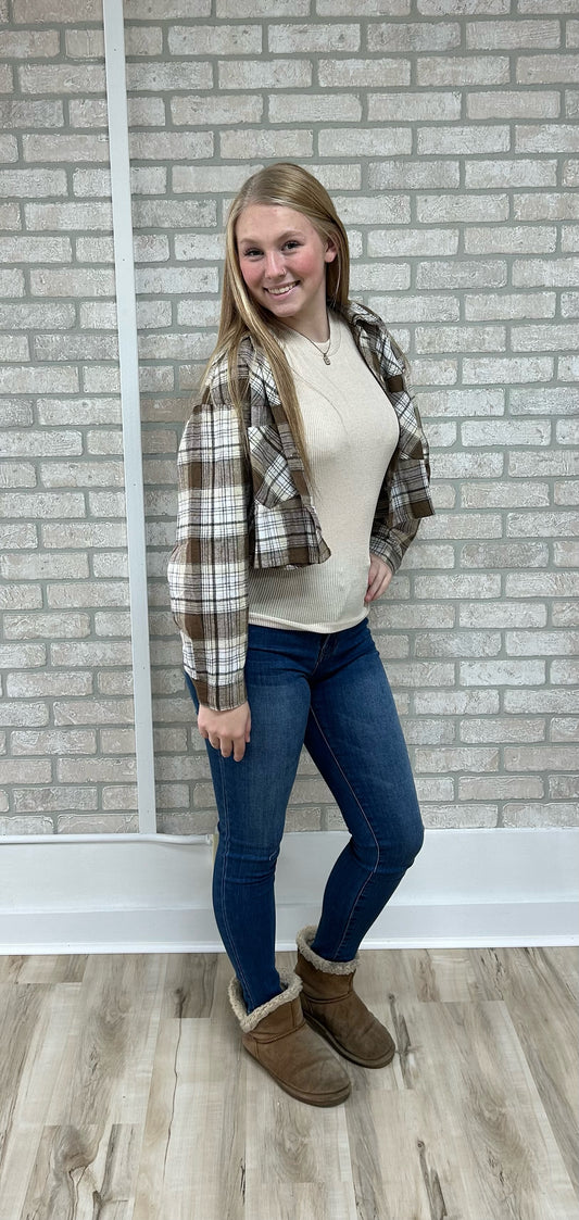 Oversized Cropped Flannel Shirt - Brown