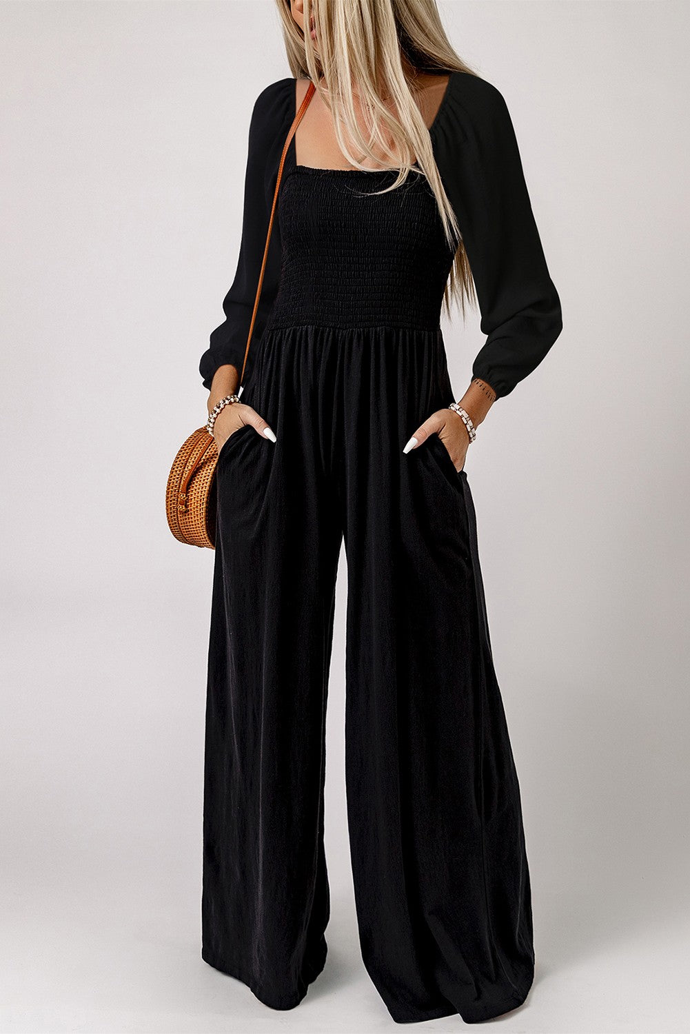 Smocked Square Neck Long Sleeve Jumpsuit