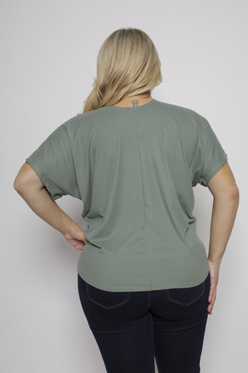 PLUS SIZE RIB KNIT ROUND NECK BATWING SLEEVE TOP