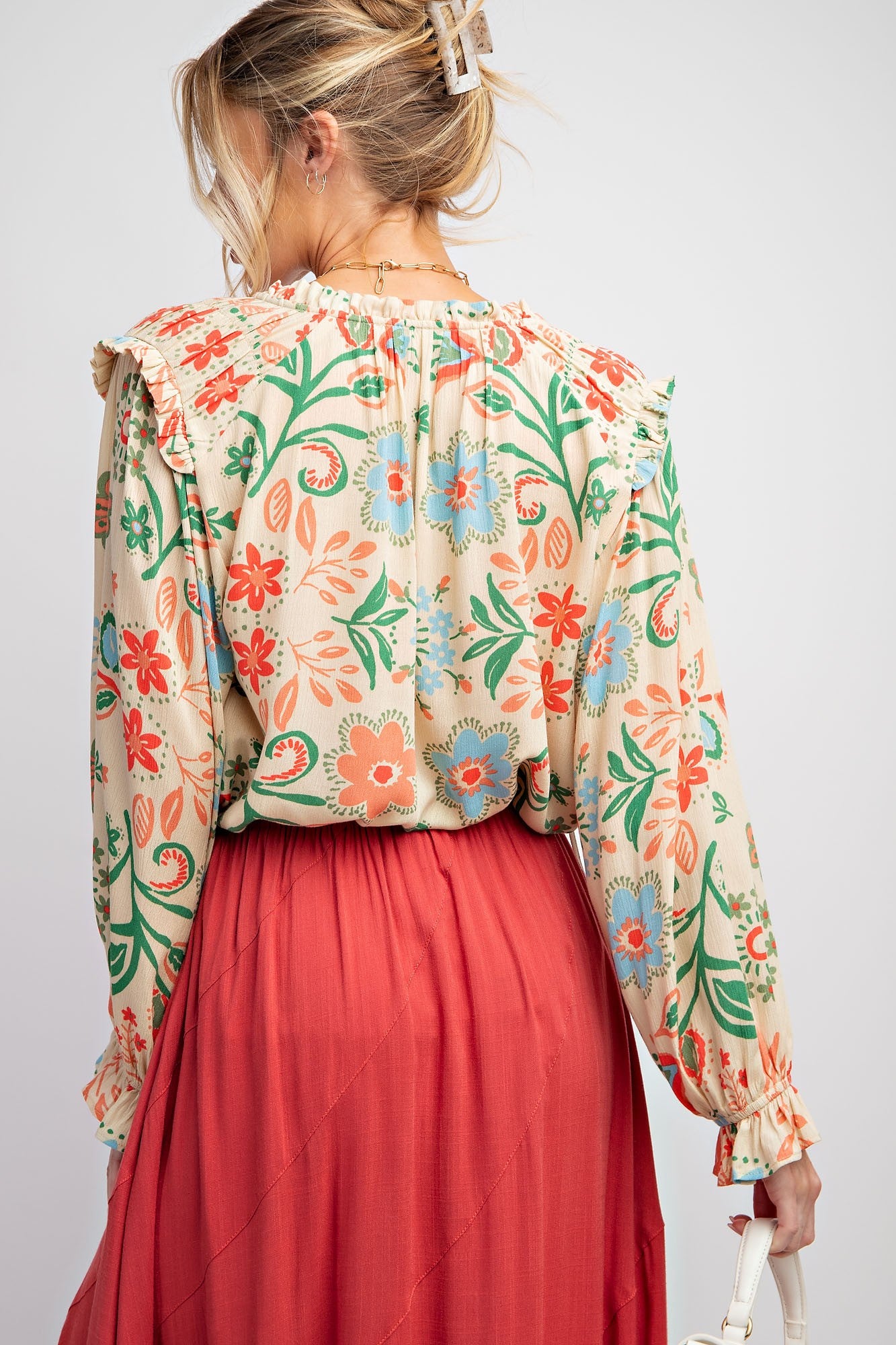 PLUS SIZE-PRINTED RAYON GAUZE WOVEN BLOUSE
