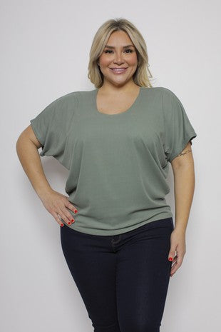 PLUS SIZE RIB KNIT ROUND NECK BATWING SLEEVE TOP