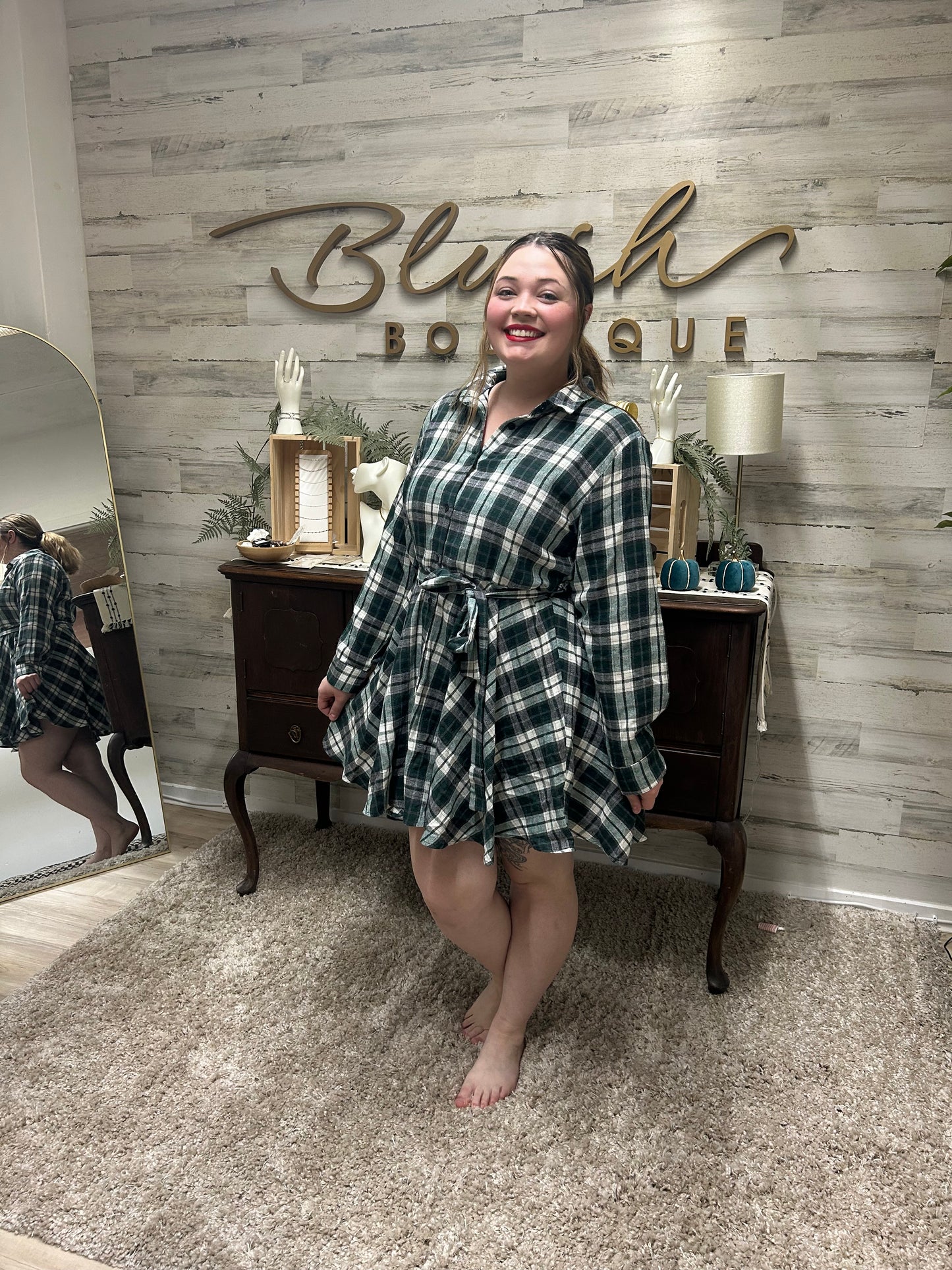 Forest Green Plaid Shirt Dress