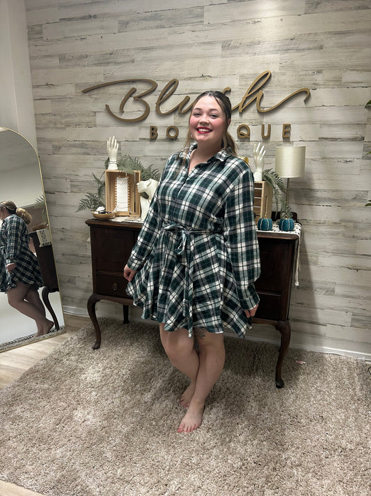 Forest Green Plaid Shirt Dress