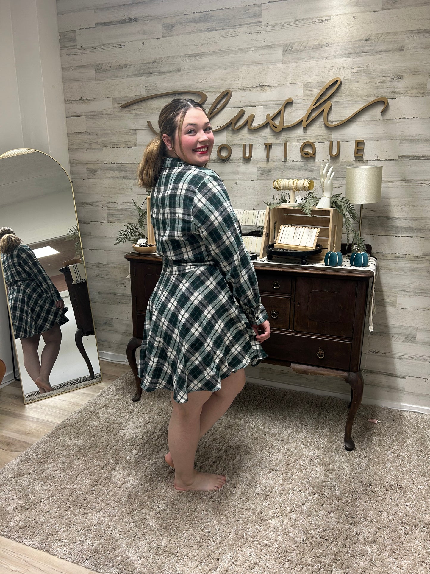 Forest Green Plaid Shirt Dress
