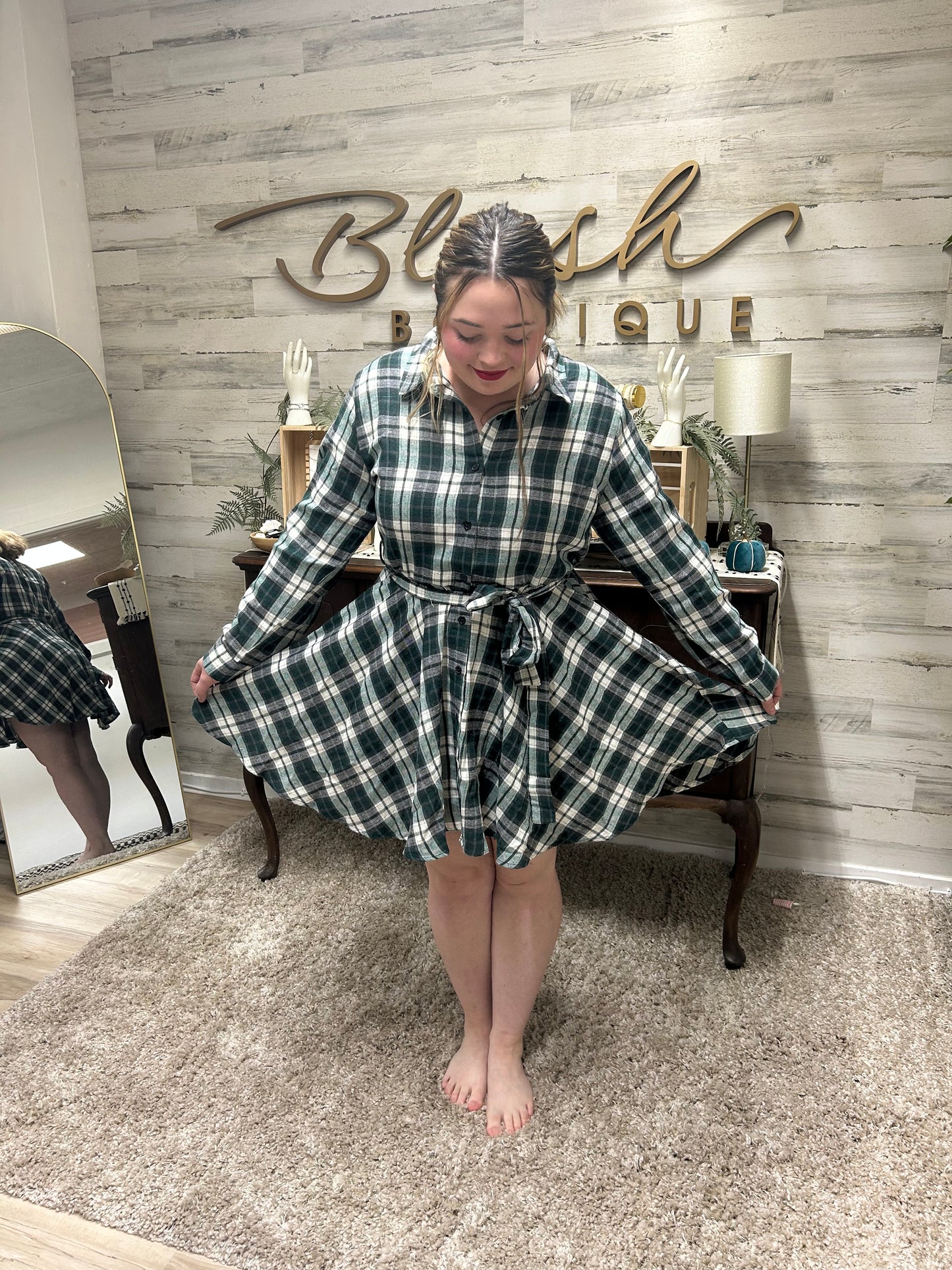 Forest Green Plaid Shirt Dress