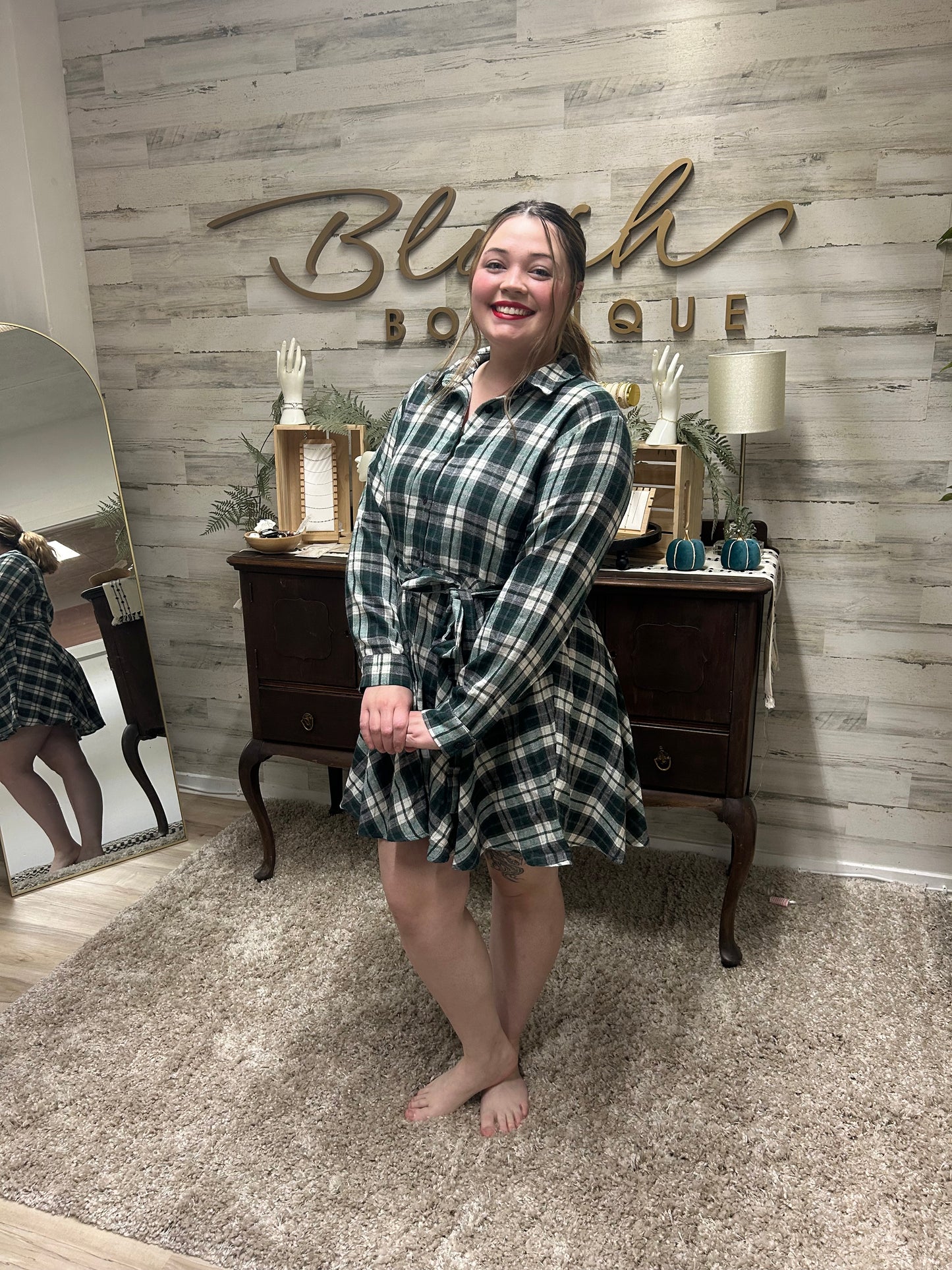 Forest Green Plaid Shirt Dress