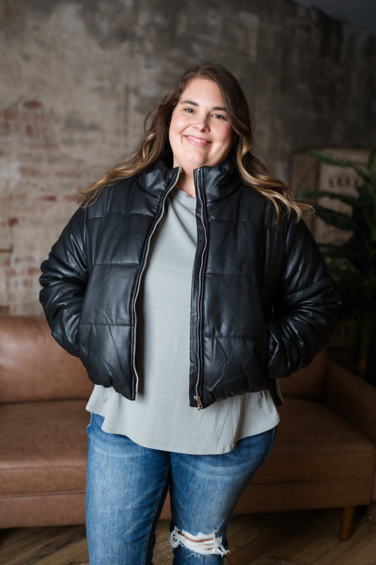 Plus Size Leather Quilted Puffer Jacket