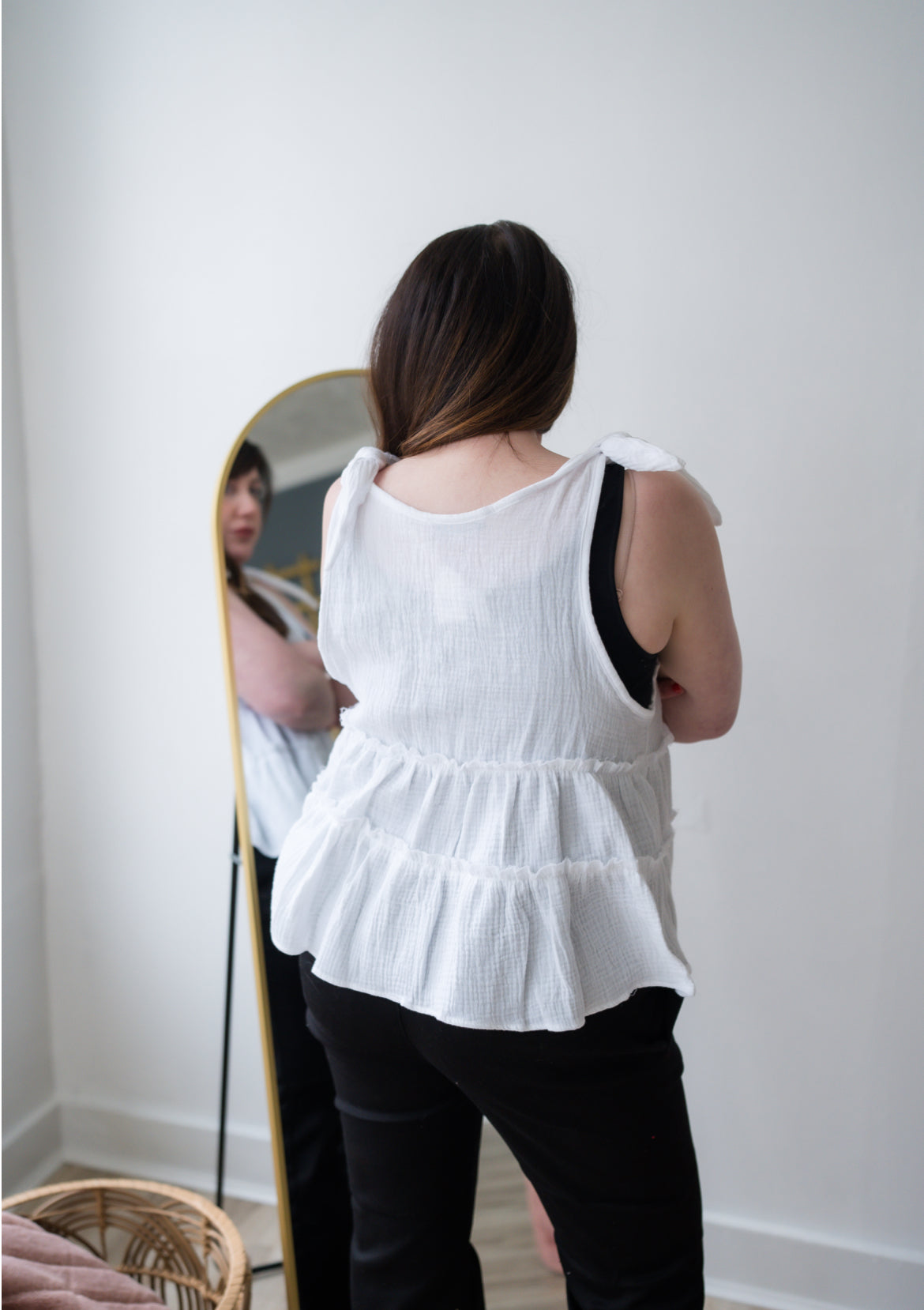 Flowy Deep V-Neck Tank Top with Shoulder Ties - White