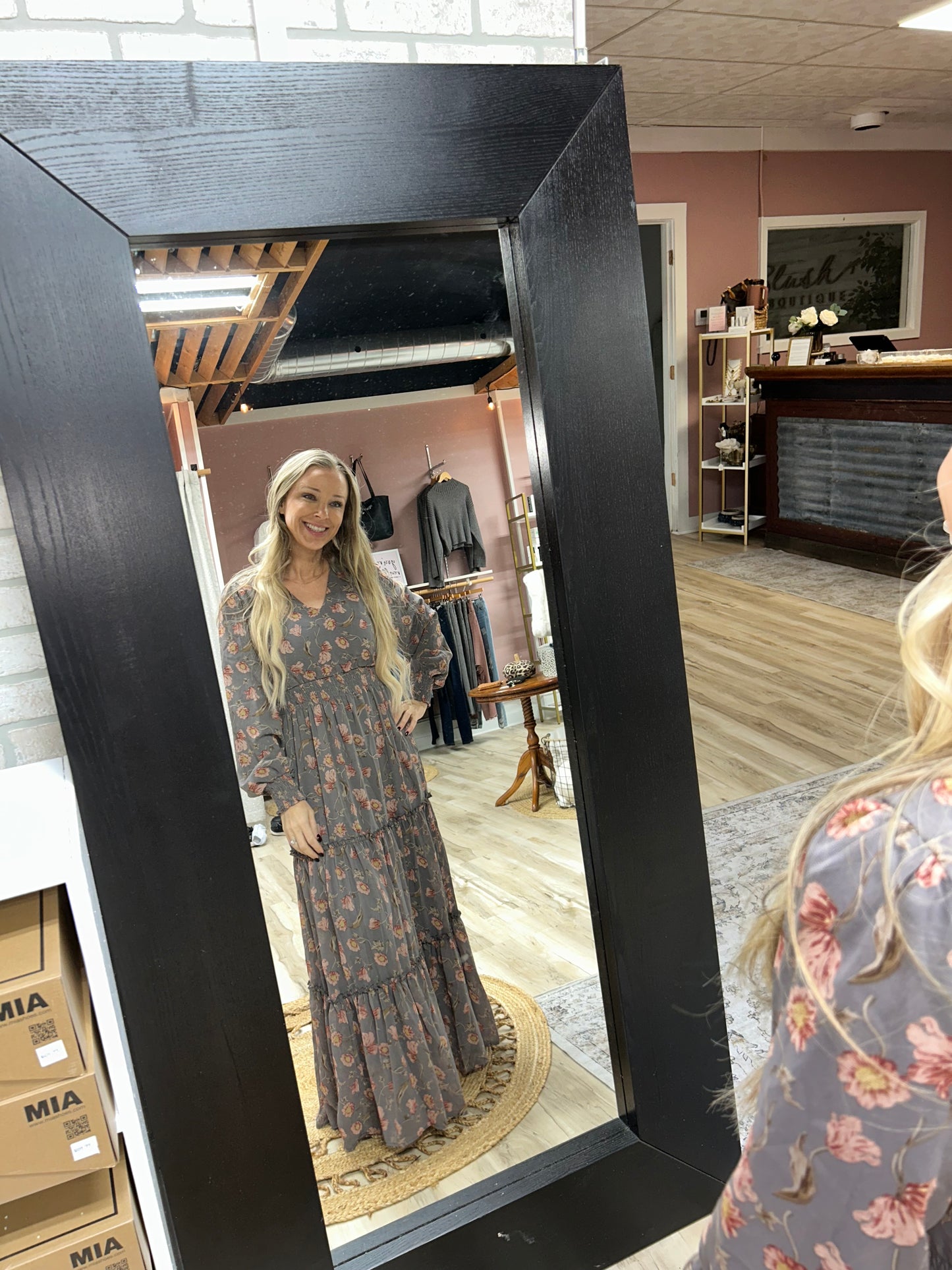 Gray Floral Long Sleeve Dress