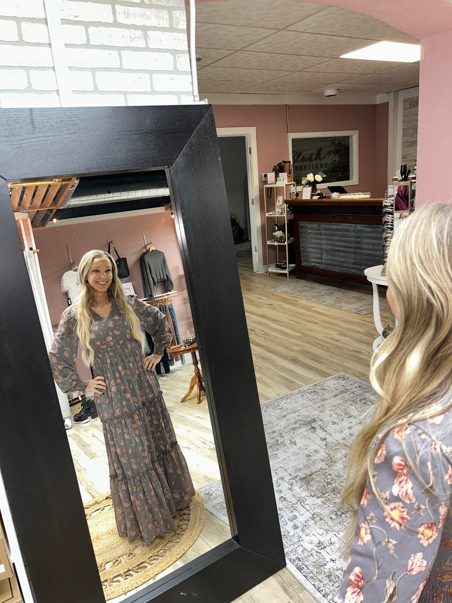 Gray Floral Long Sleeve Dress