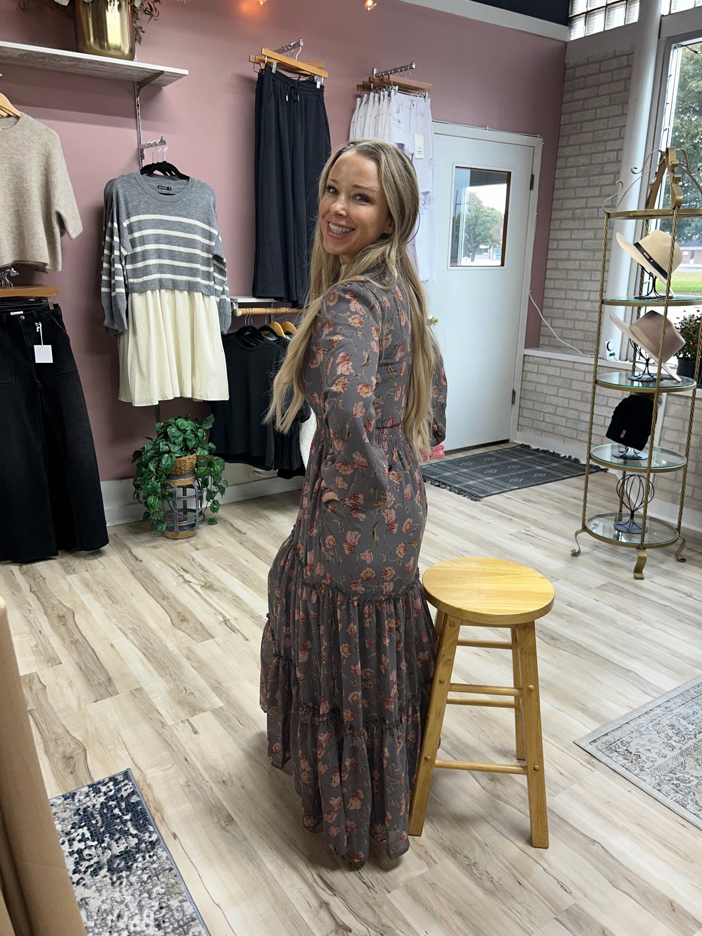 Gray Floral Long Sleeve Dress