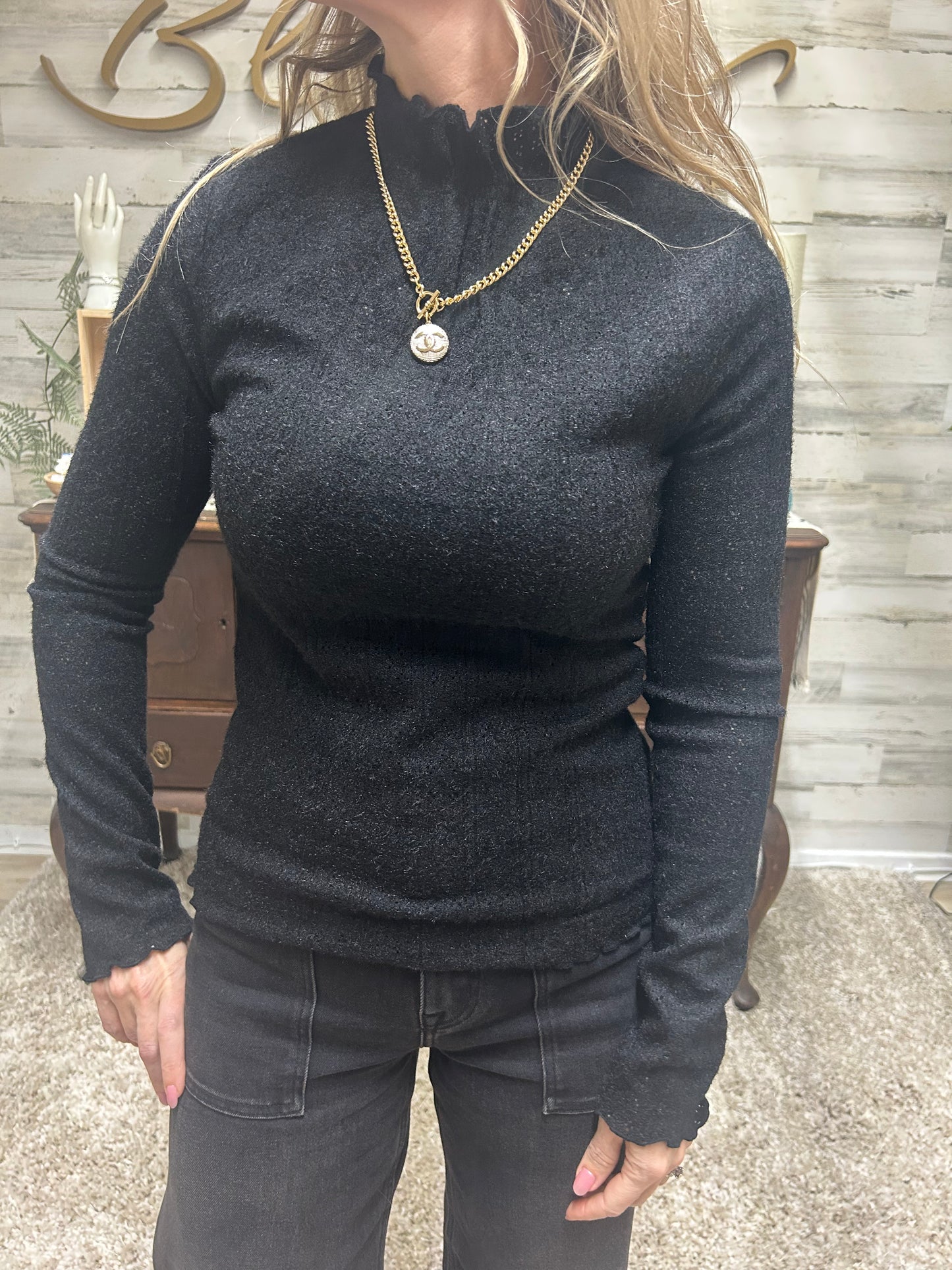 Black Mock Neck Textured Top