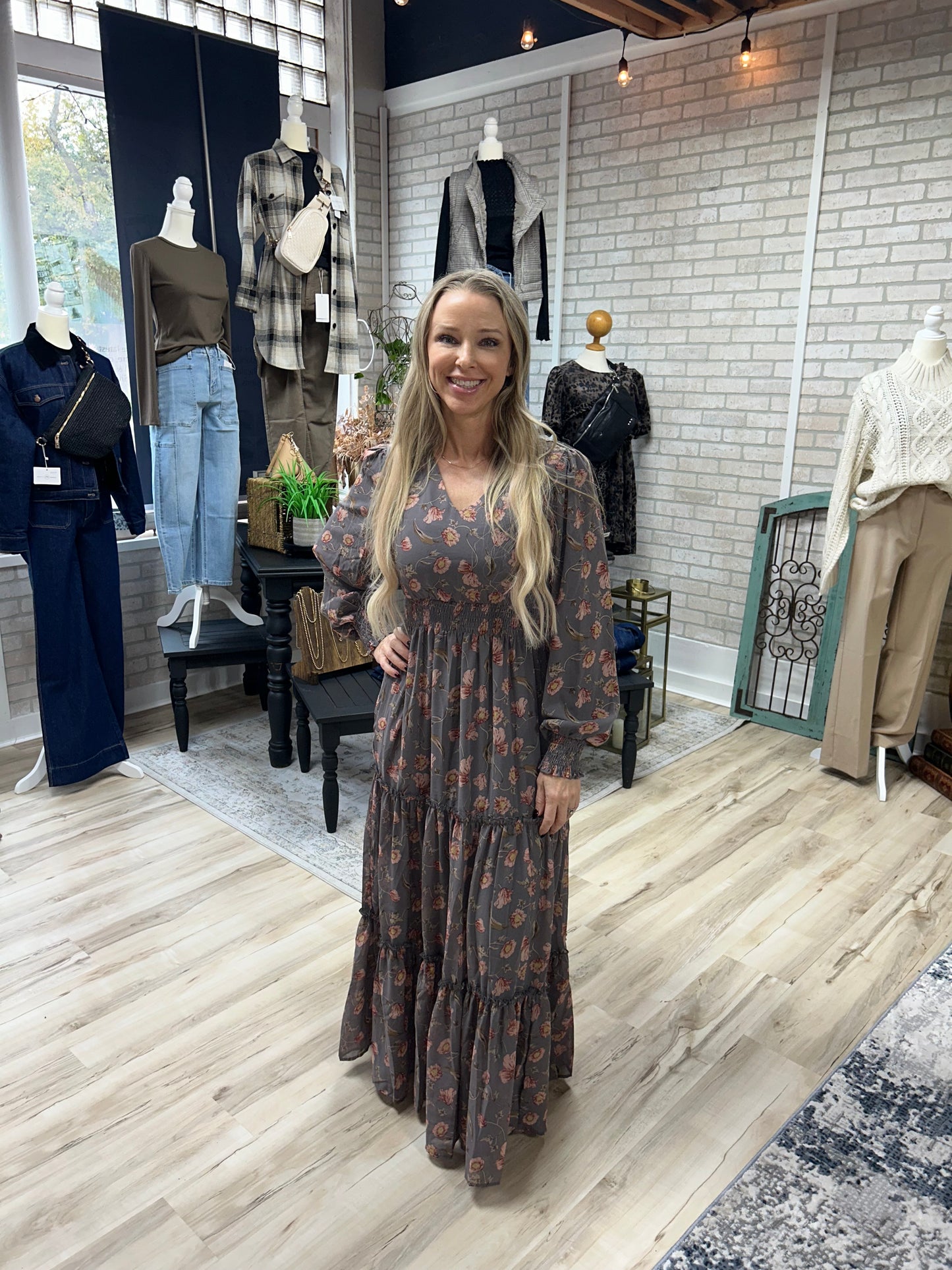 Gray Floral Long Sleeve Dress