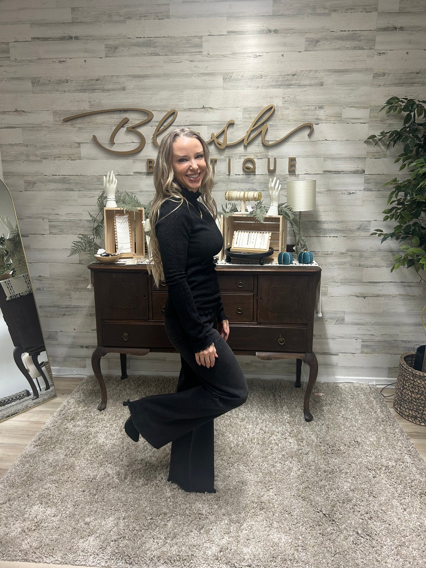 Black Mock Neck Textured Top