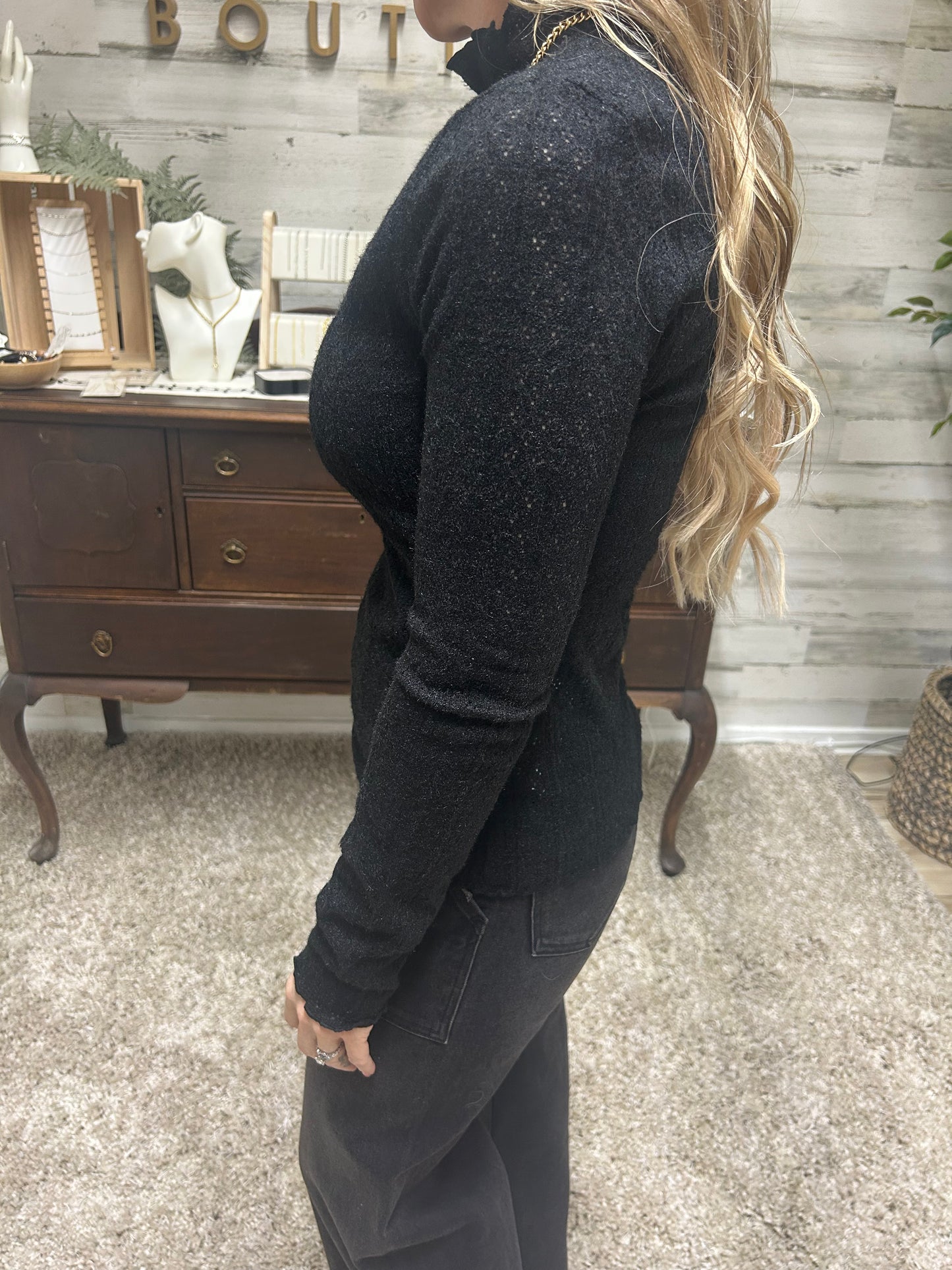Black Mock Neck Textured Top