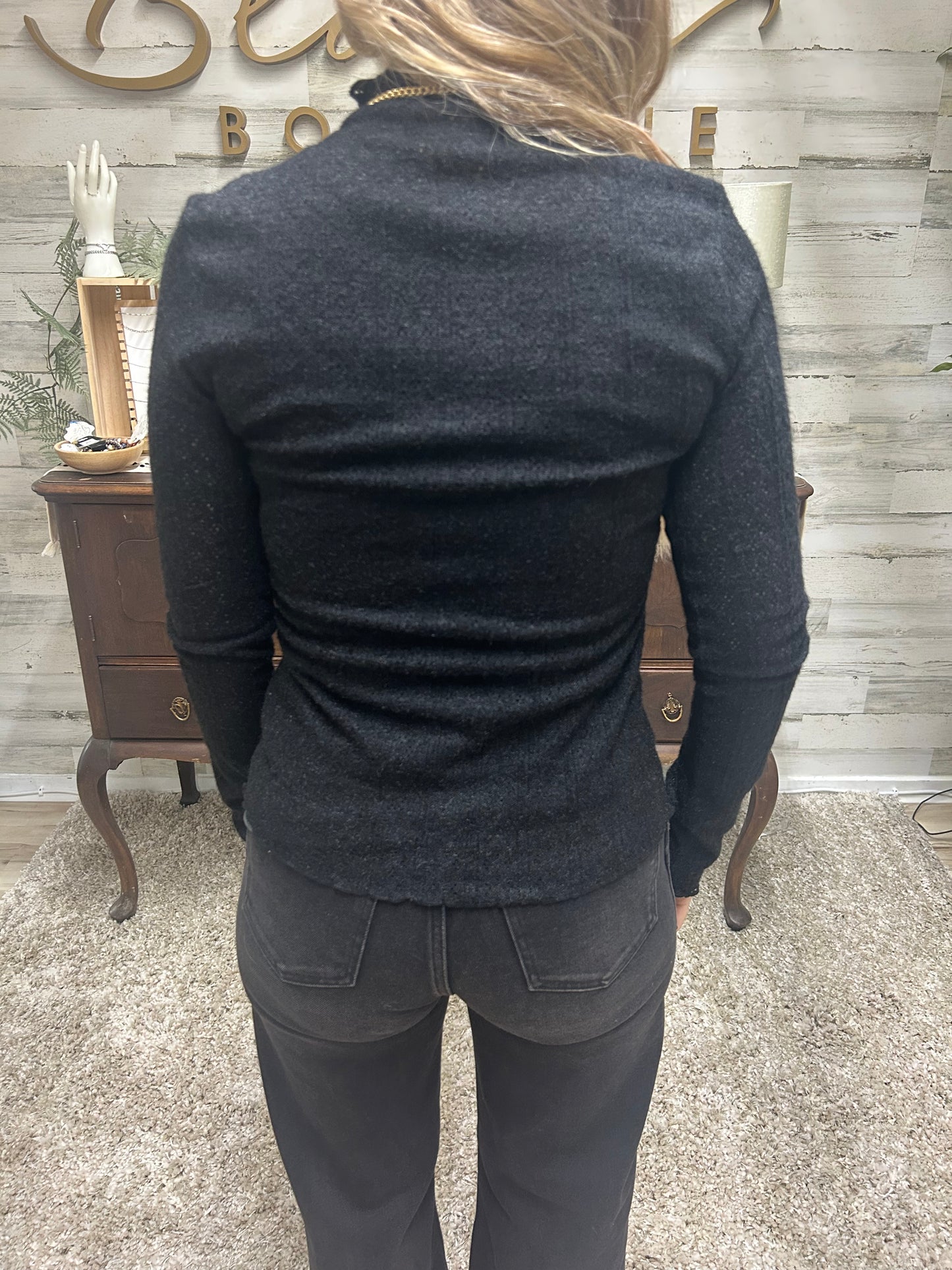 Black Mock Neck Textured Top