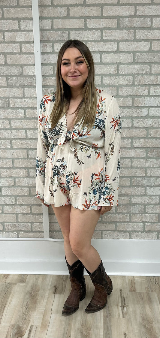 Deep V Tie Front Flare Romper