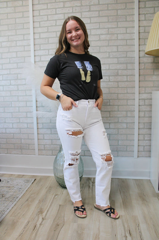High-Rise White Distressed Denim