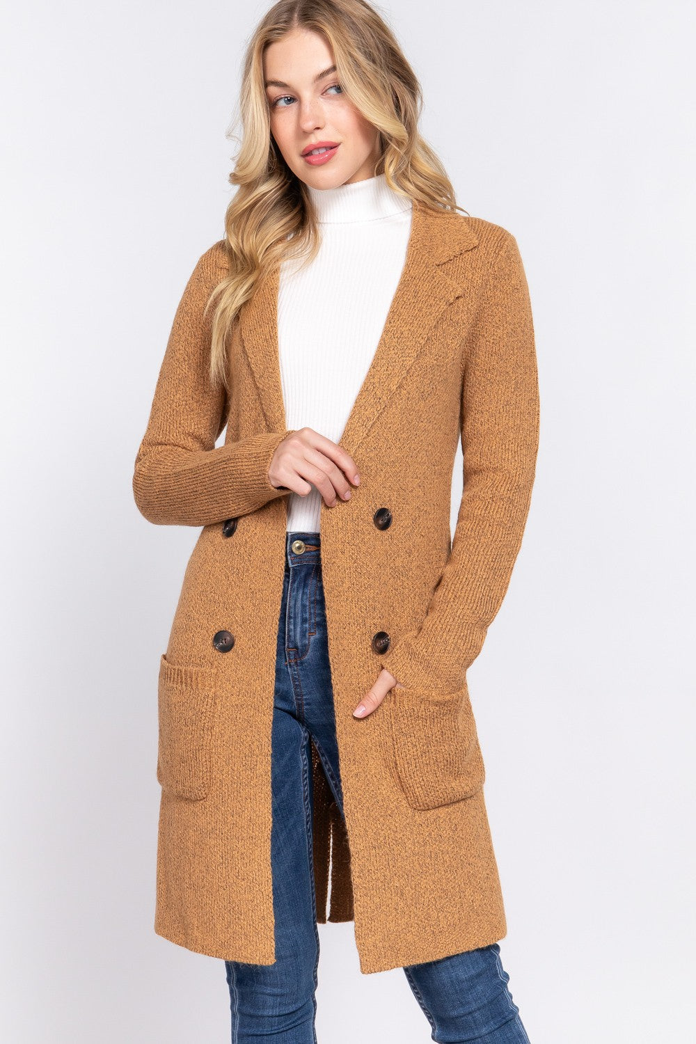 Long Sleeve Notched Collar Sweater Jacket