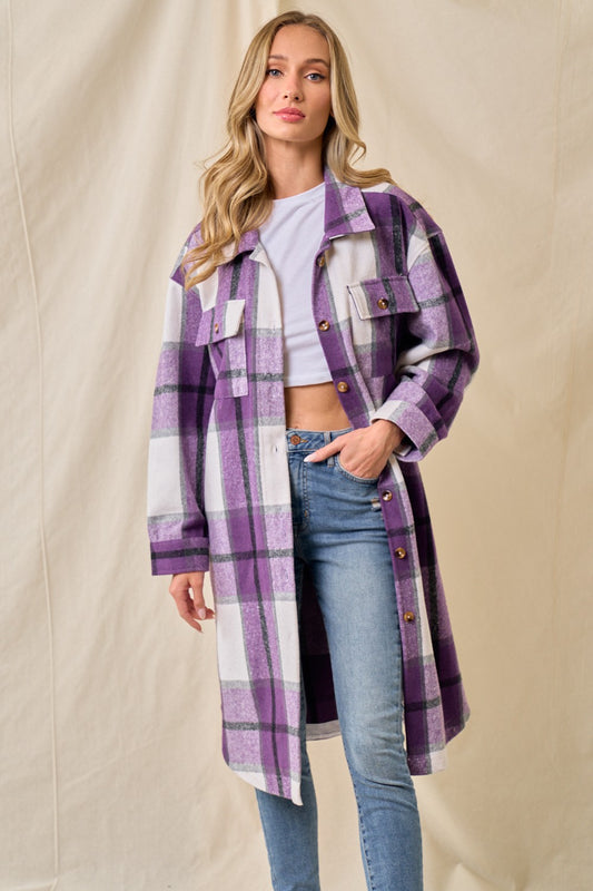 Plaid Pocketed Flannel Shacket - Purple