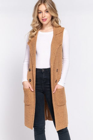 Sleeveless Notched Collar Long Sweater Vest